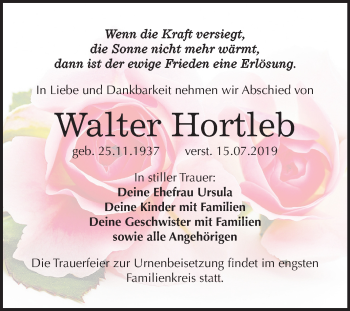 Traueranzeige von Walter Hortleb von Wochenspiegel Weißenfels