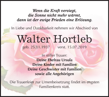 Traueranzeige von Walter Hortleb von Mitteldeutsche Zeitung Weißenfels