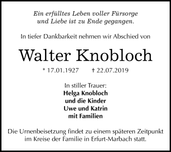 Traueranzeige von Walter Knobloch von Mitteldeutsche Zeitung Naumburg/Nebra