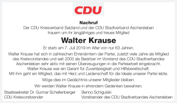 Traueranzeige von Walter Krause von Super Sonntag Aschersleben