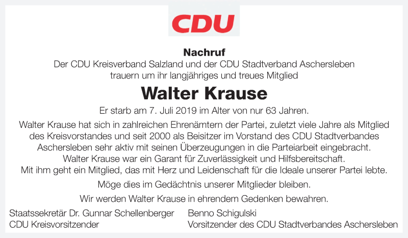  Traueranzeige für Walter Krause vom 20.07.2019 aus Super Sonntag Aschersleben