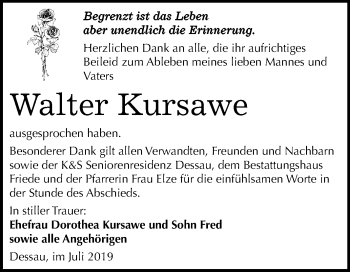 Traueranzeige von Walter Kursawe von Mitteldeutsche Zeitung Dessau-Roßlau