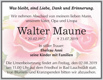 Traueranzeige von Walter Maune von Super Sonntag Merseburg/Querfurt
