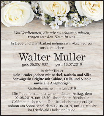 Traueranzeige von Walter Müller von Mitteldeutsche Zeitung Wittenberg