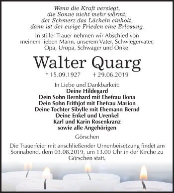 Traueranzeige von Walter Quarg von Wochenspiegel Naumburg/Nebra