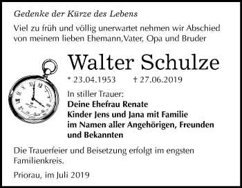 Traueranzeige von Walter Schulze von Mitteldeutsche Zeitung Bitterfeld