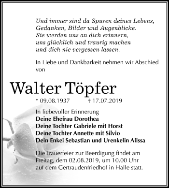 Traueranzeige von Walter Töpfer von Mitteldeutsche Zeitung Halle/Saalkreis