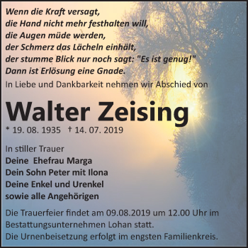Traueranzeige von Walter Zeising von Wochenspiegel Bitterfeld
