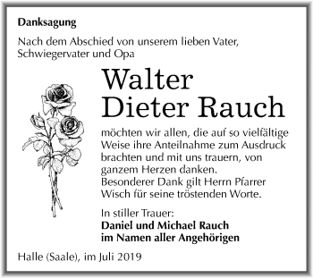 Traueranzeige von Walter Dieter Rauch von Mitteldeutsche Zeitung Halle/Saalkreis