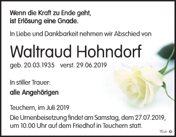 Traueranzeige von Waltraud Hohndorf von Mitteldeutsche Zeitung Weißenfels