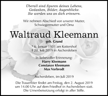Traueranzeige von Waltraud Kleemann von Mitteldeutsche Zeitung Aschersleben