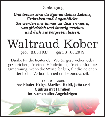 Traueranzeige von Waltraud Kober von Wochenspiegel Naumburg/Nebra