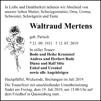 Traueranzeige von Waltraud Mertens von Mitteldeutsche Zeitung Sangerhausen