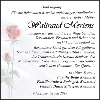 Traueranzeige von Waltraud Mertens von Mitteldeutsche Zeitung Sangerhausen