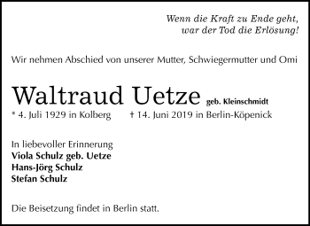 Traueranzeige von Waltraud Uetze von Mitteldeutsche Zeitung Quedlinburg