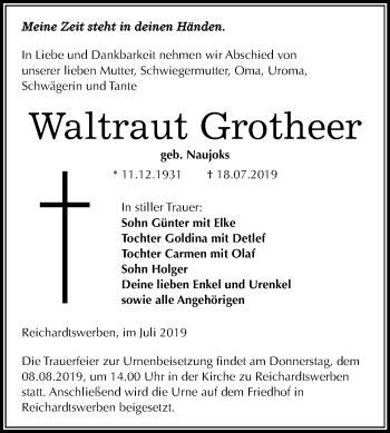 Traueranzeige von Waltraut Grotheer von Mitteldeutsche Zeitung Weißenfels