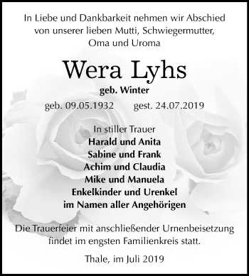 Traueranzeige von Wera Lyhs von Mitteldeutsche Zeitung Quedlinburg