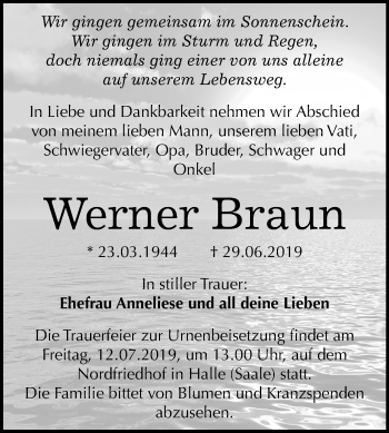 Traueranzeige von Werner Braun von Mitteldeutsche Zeitung Halle/Saalkreis