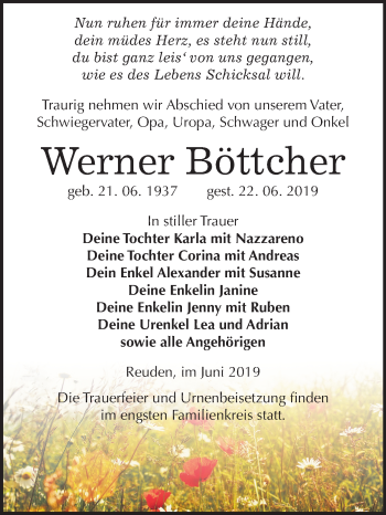 Traueranzeige von Werner Böttcher von Super Sonntag Wittenberg
