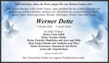 Traueranzeige von Werner Dette von Wochenspiegel Aschersleben