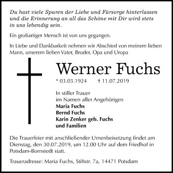 Traueranzeige von Werner Fuchs von Super Sonntag Quedlinburg