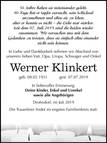 Traueranzeige von Werner Klinkert von Super Sonntag Aschersleben