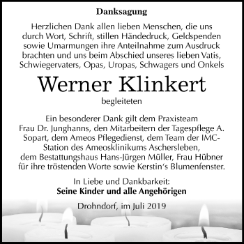Traueranzeige von Werner Klinkert von Mitteldeutsche Zeitung Aschersleben