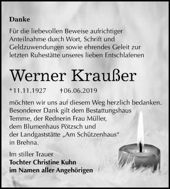 Traueranzeige von Werner Kraußer von Mitteldeutsche Zeitung Bitterfeld