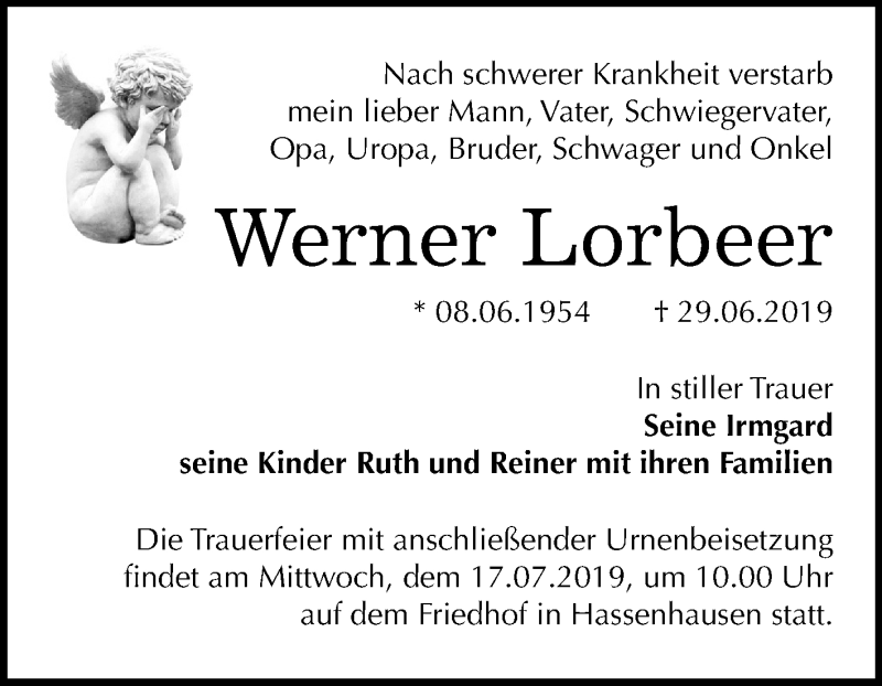  Traueranzeige für Werner Lorbeer vom 10.07.2019 aus Wochenspiegel Naumburg/Nebra