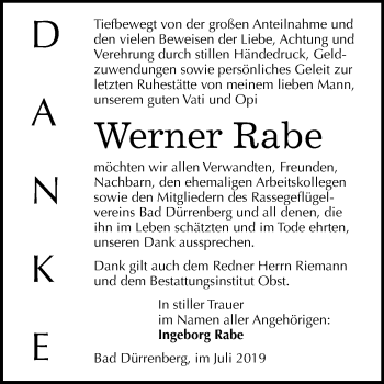 Traueranzeige von Werner Rabe von Super Sonntag Merseburg/Querfurt