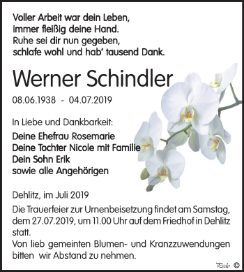 Traueranzeige von Werner Schindler von Mitteldeutsche Zeitung Weißenfels
