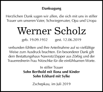 Traueranzeige von Werner Scholz von Mitteldeutsche Zeitung Bitterfeld