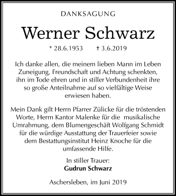 Traueranzeige von Werner Schwarz von Wochenspiegel Aschersleben