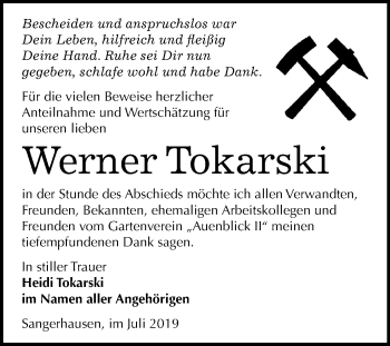 Traueranzeige von Werner Tokarski von Super Sonntag Sangerhausen