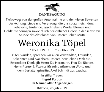 Traueranzeige von Weronika Töpel von Wochenspiegel Naumburg/Nebra
