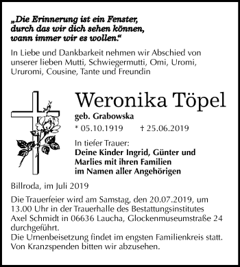 Traueranzeige von Weronika Töpel von Wochenspiegel Naumburg/Nebra