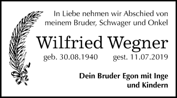 Traueranzeige von Wilfried Wegner von Super Sonntag Wittenberg