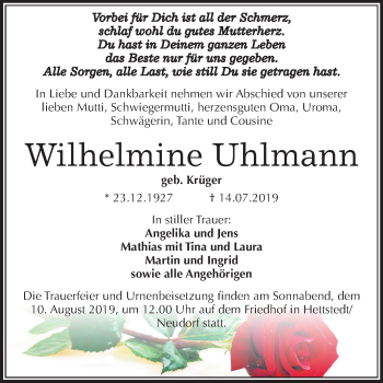 Traueranzeige von Wilhelmine Uhlmann von Mitteldeutsche Zeitung Mansfelder Land