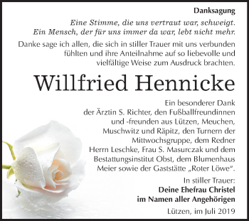 Traueranzeige von Willfried Hennicke von Mitteldeutsche Zeitung Weißenfels