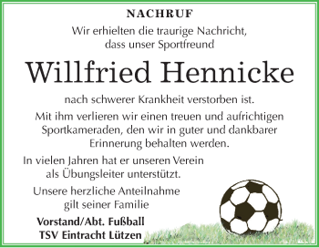 Traueranzeige von Willfried Hennicke von Wochenspiegel Weißenfels