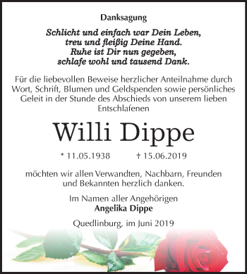 Traueranzeige von Willi Dippe von Mitteldeutsche Zeitung Quedlinburg