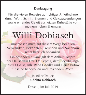 Traueranzeige von Willi Dobiasch von Mitteldeutsche Zeitung Dessau-Roßlau