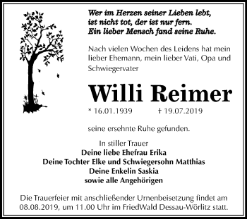 Traueranzeige von Willi Reimer von Mitteldeutsche Zeitung Dessau-Roßlau