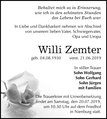 Traueranzeige von Willi Zemter von Mitteldeutsche Zeitung Bernburg