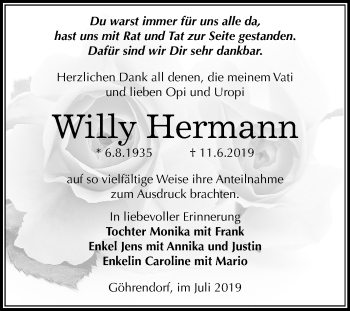 Traueranzeige von Willy Hermann von Mitteldeutsche Zeitung Merseburg/Querfurt