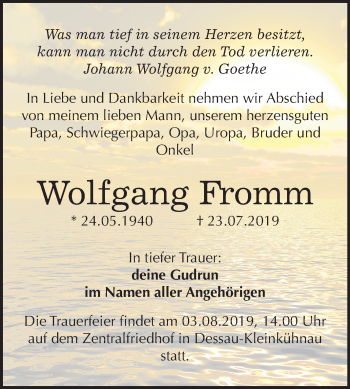 Traueranzeige von Wolfgang Fromm von Super Sonntag Dessau-Roßlau