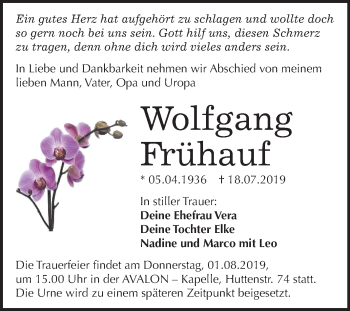 Traueranzeige von Wolfgang Frühauf von Mitteldeutsche Zeitung Halle/Saalkreis
