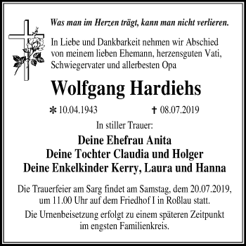 Traueranzeige von Wolfgang Hardiehs von Mitteldeutsche Zeitung Dessau-Roßlau