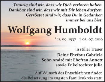 Traueranzeige von Wolfgang Humboldt von Wochenspiegel Bitterfeld
