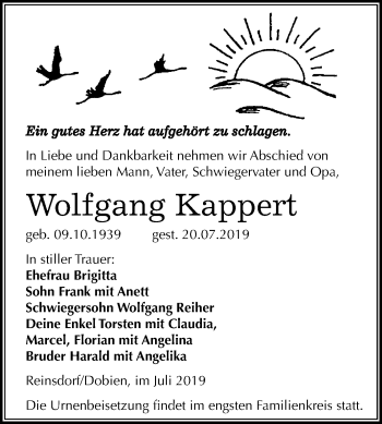 Traueranzeige von Wolfgang Kappert von Super Sonntag Wittenberg